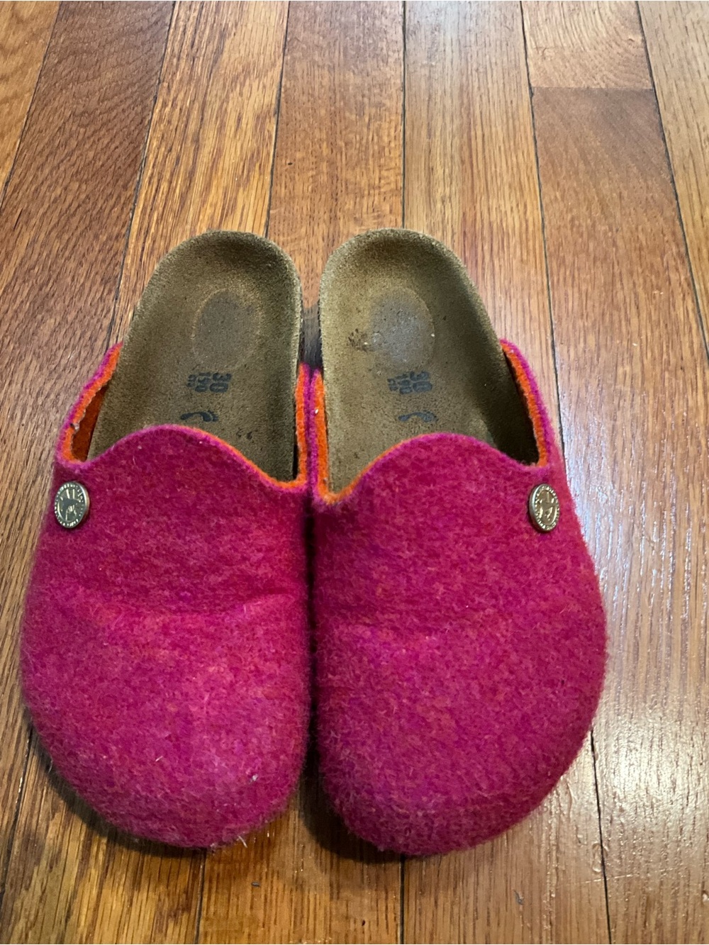 Birkenstock Pink and Orange Felt Slip-On Clogs
